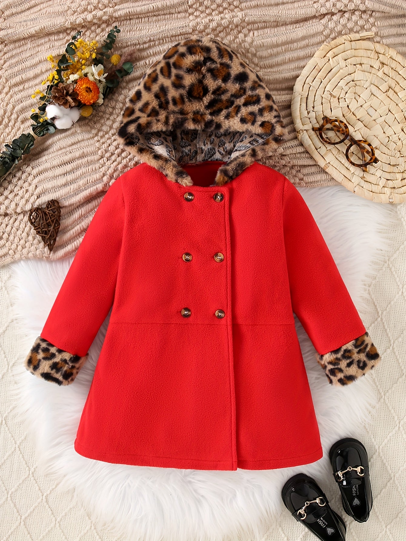 Girls' Winter Fleece Jacket - Cozy Red & Brown Leopard Print Hooded Long Sleeve Trench Coat with Golden Buttons, Warm & Comfortable College Style Outerwear, Perfect for Fall/Winter Fashion, Winter Jacket For Girls, Jackets Fo