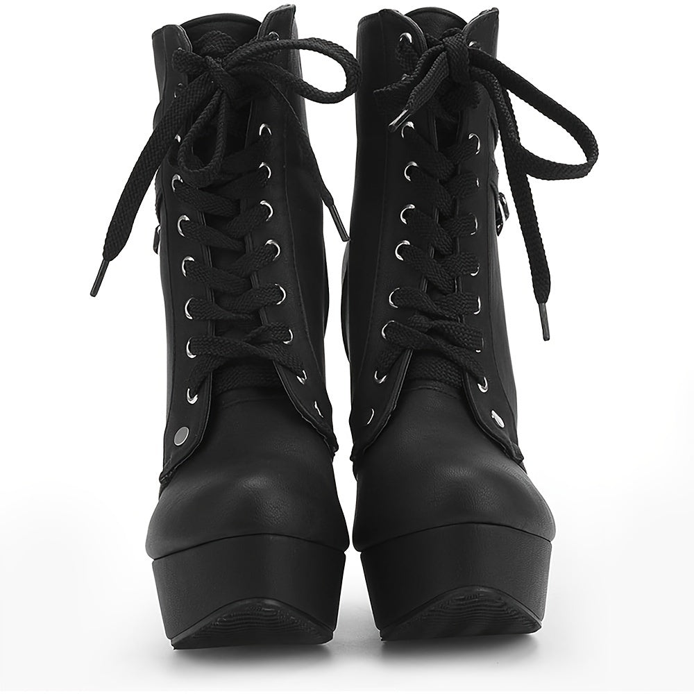 High Heel Boots For Women, Womens Platform Boot Heels Sexy Round Toe Lace UP High Heels Mid Calf Boots