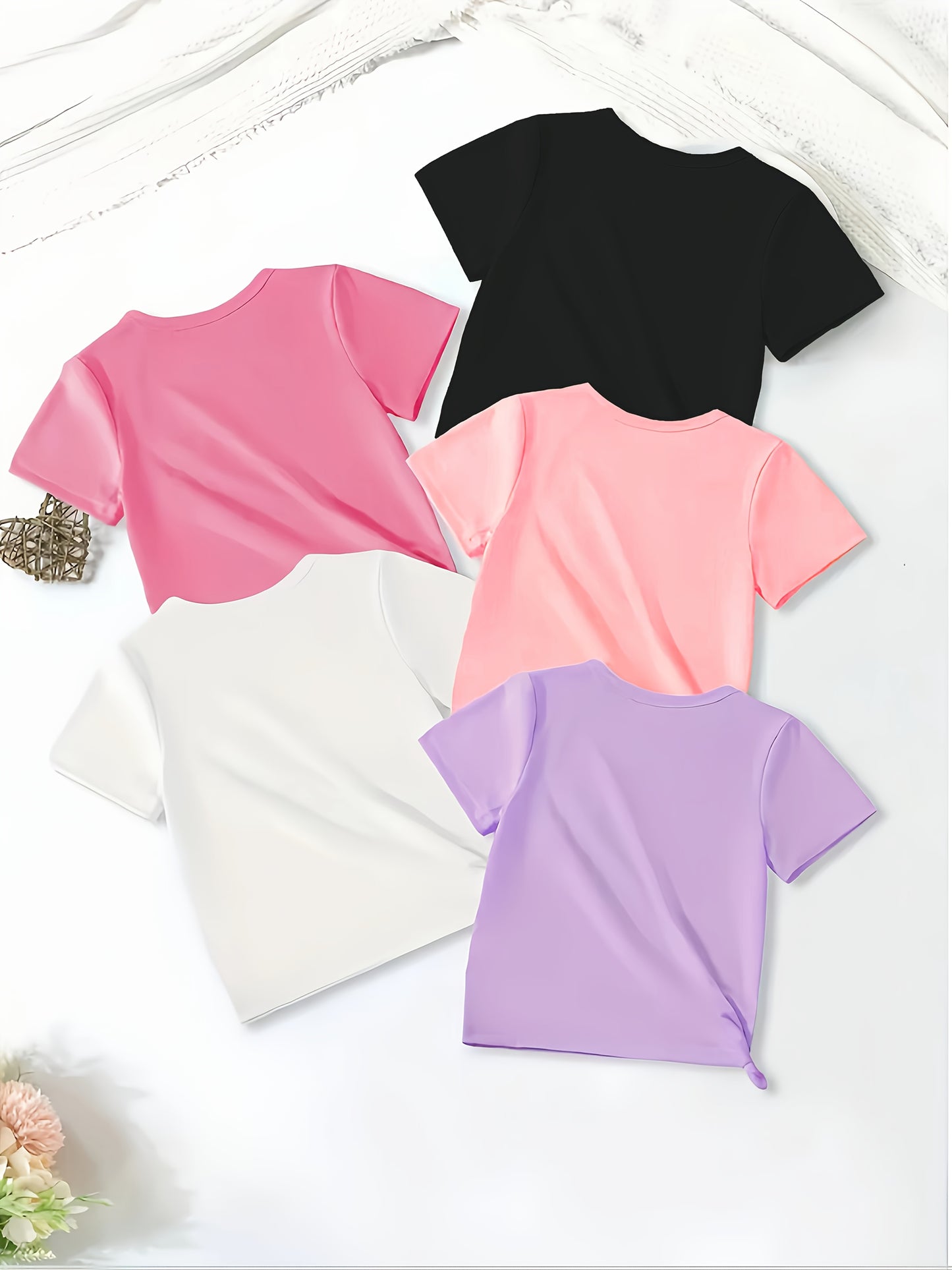 A Set of 5 Sweet And Cute Short-Sleeve T-Shirts for Girls, Featuring Beautiful Prints of Butterflies, Dandelions, And Floral Heart Designs. These Comfortable Casual Summer Tops Have a Regular Fit And Moderate Elasticity