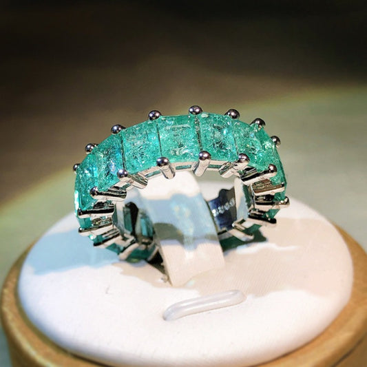Full-circle Synthetic Paraiba Ring for Women, Princess-cut Stone, Suitable for Gatherings, Parties and Daily Wear