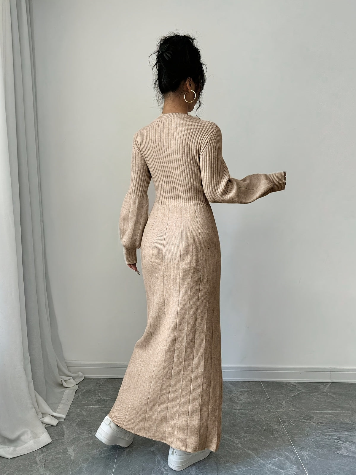 Elegant Beige Sweater Dress with Lantern Sleeves - Long, High Neck, Ribbed Texture, Perfect for Fall & Winter, Stylish Women'S Fashion, Casual Chic Dress | High Neck Dress | Construction, Sweater Dress