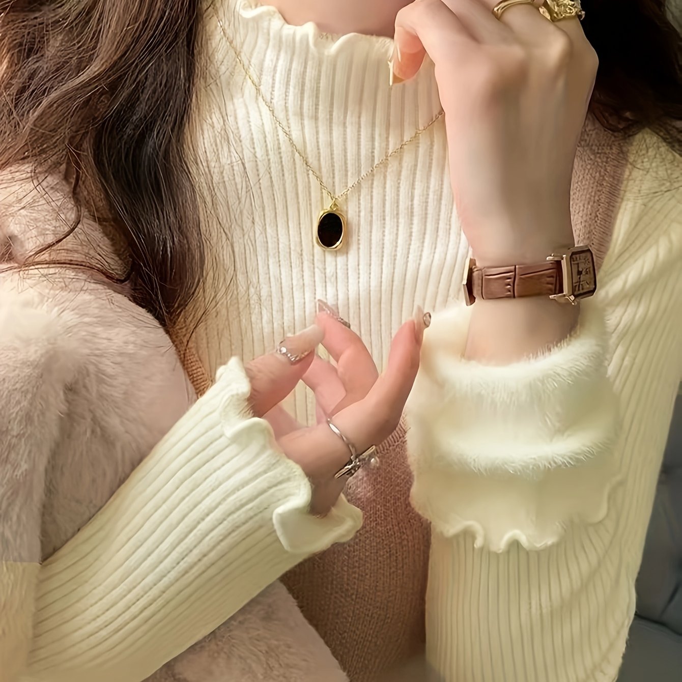 Solid Color Autumn Winter Early Spring Half High Neck Ruffle Fleece Lined Knit Sweater