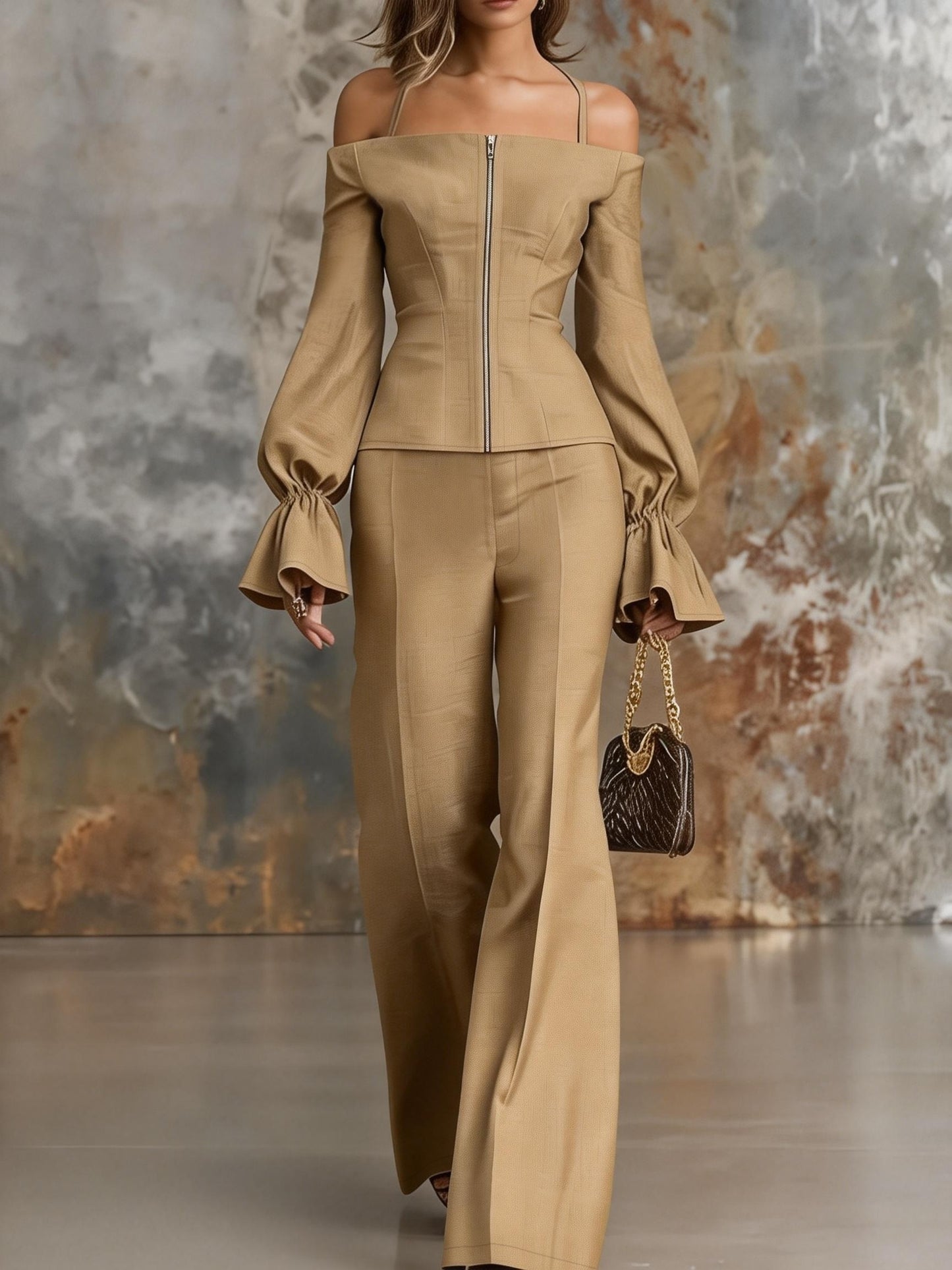 [Women's Khaki Pants Set] Urban Elegance Off-the-Shoulder Tie-Neck Lantern Sleeve Long Sleeve Zipper Front Top and Fashionable Casual Wide-Leg Long Pants Women's Khaki Pants Set