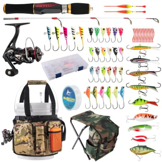 Dr.Fish 40-Pieces Ice Fishing Rod and Reel Combo with 5 Gallon Bucket Tool Organizer for Ice Fishing Gear