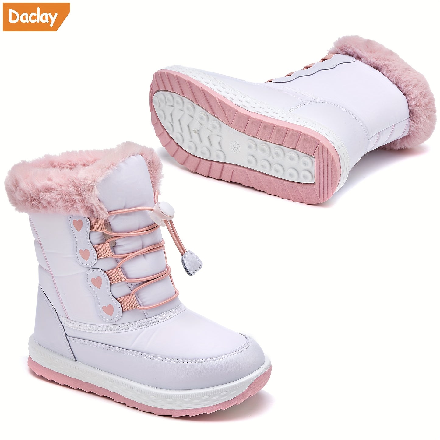 DACLAY Boys & Girls All-Weather -like Snow Boots - Lace-Up High-Top Winter Boots with Lacing System, White/Pink/Clear Strap & Heart Buckle, PU Sole & Arch for Girls & Boys ( to Youth) - All-Season Outdoor Shoes for Ice, Snow,
