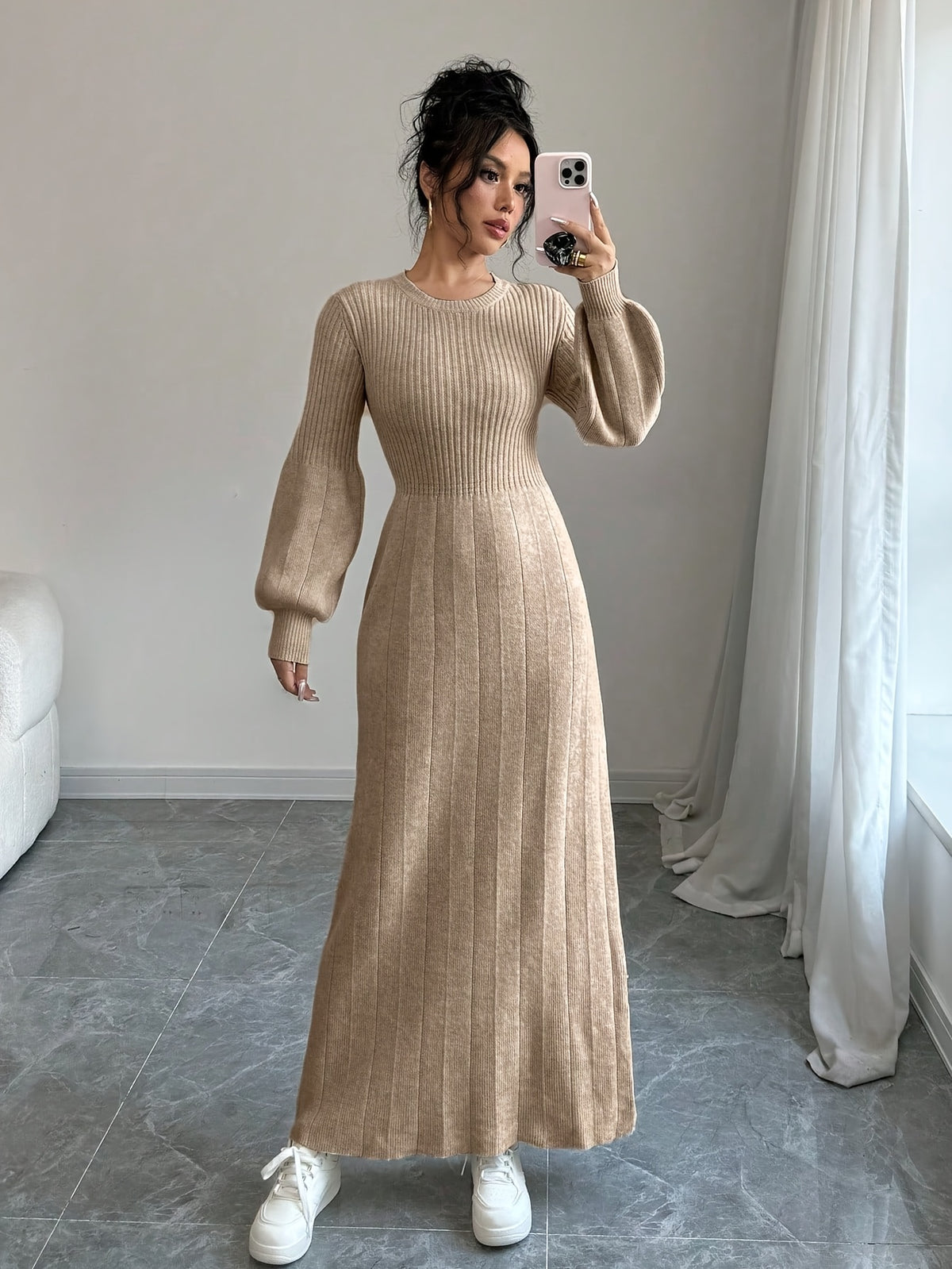 Elegant Beige Sweater Dress with Lantern Sleeves - Long, High Neck, Ribbed Texture, Perfect for Fall & Winter, Stylish Women'S Fashion, Casual Chic Dress | High Neck Dress | Construction, Sweater Dress