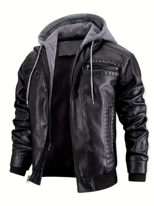 Men's Casual Stand Collar PU PU Leather Zip-Up Motorcycle Bomber Jacket with A Removable Hood