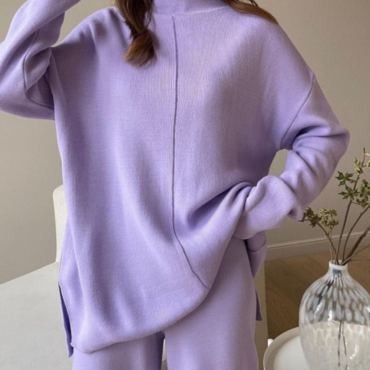 Women'S Elegant Half-Turtleneck Sweater & Pants Two-Piece Set - Oversized Loose-Fit H-Line Silhouette, Soft Stretch Sweater with Asymmetrical Neckline & 3/4 Sleeve, Solid Color Winter Warmth, Casual to Semi-Formal Outfits (Be
