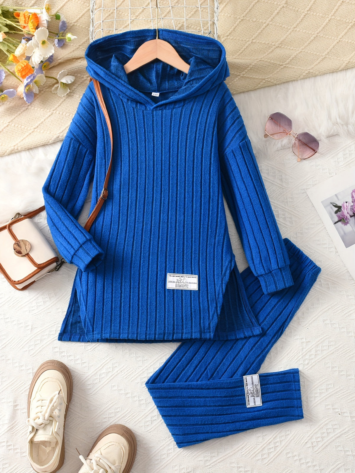Girls' 2pcs Set, Long Brushed Solid Color Patch Hoodie Pullover and Elastic Waist Leggings, Girls' Autumn Winter Casual Set, Perfect for Outdoor