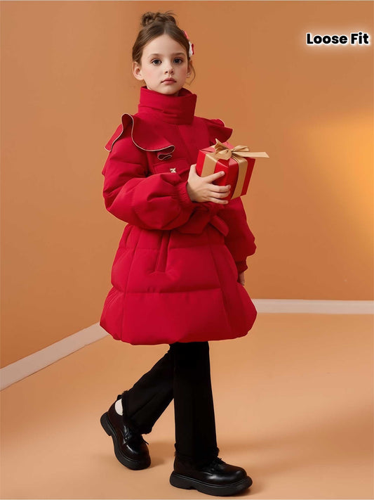 Girls' Red Jacket with - Winter Coat with Padded Warmth, Bubble Sleeves & Ruffled Collar, Bow Belt - Loose-Fit High-Neck Zipper Jacket for Christmas, New Year Parties (Chest Puff Trim) - Older Outerwear