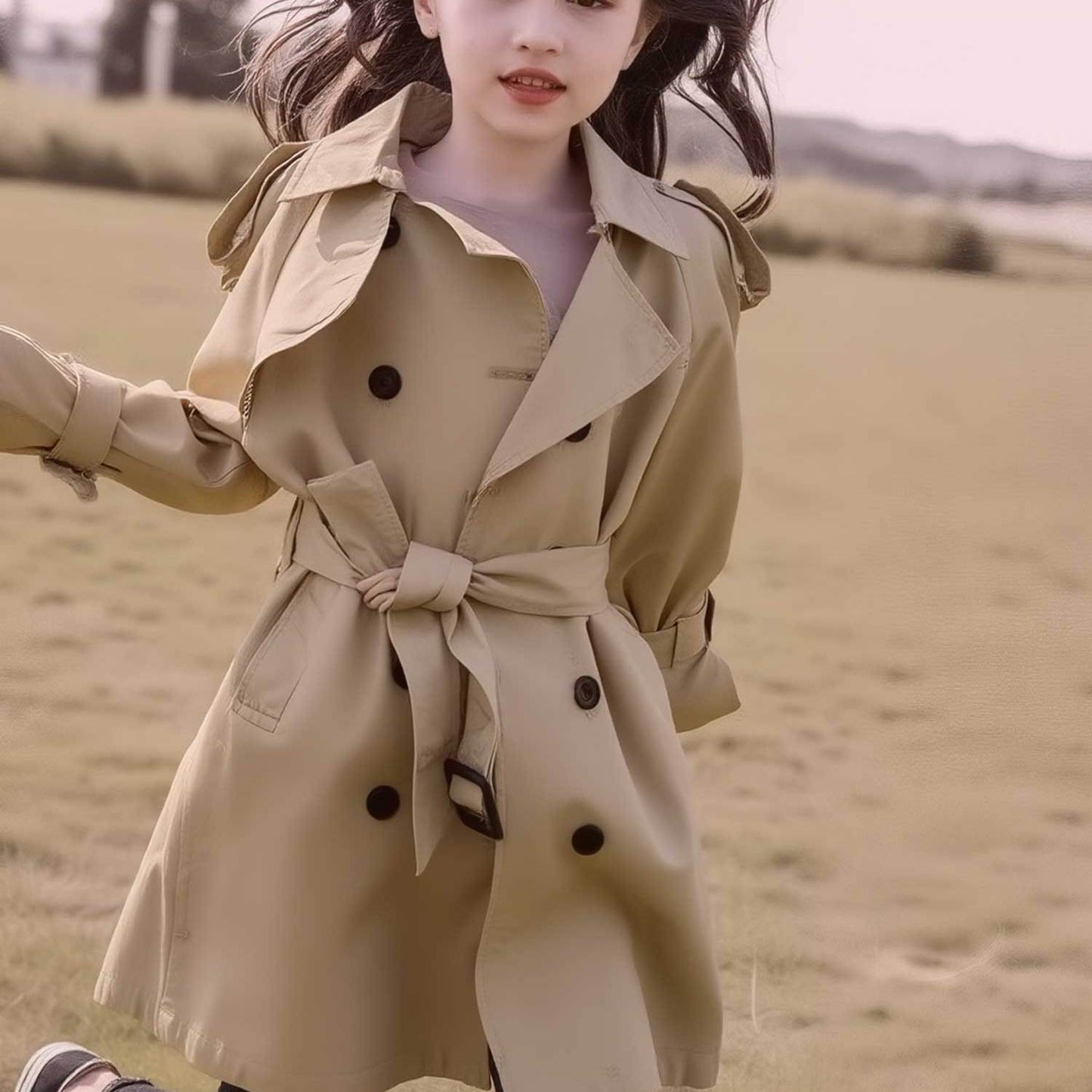 Girls 8-12 Years British-Style Khaki Trench Coat - Mid-Length & Casual Jacket with Belt-Free Waist Cinch, Button Front, Collar & Golden-Tone Buttons - Machine Washable Outerwear for (No-Lift Design)