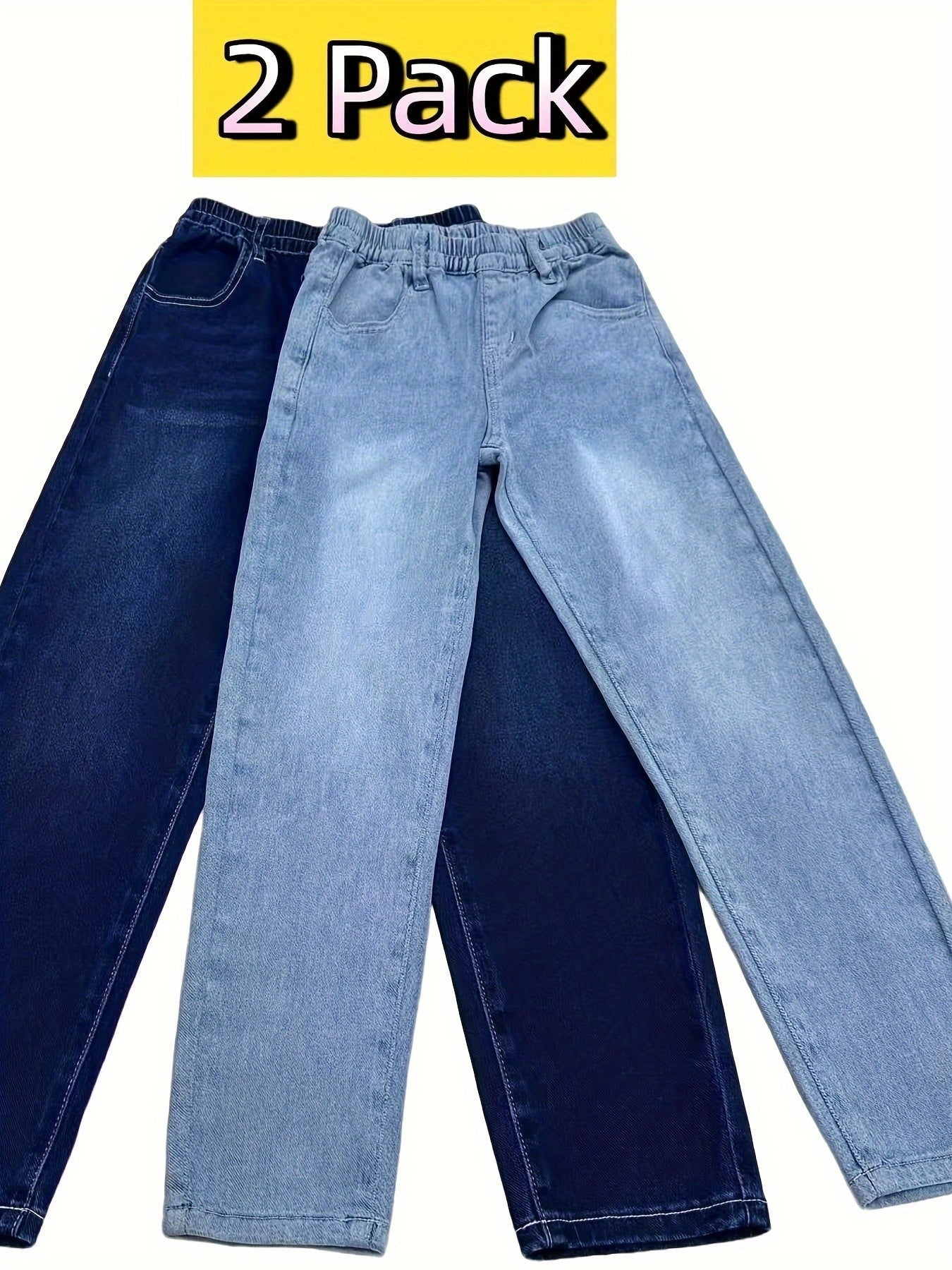 2-Pack Kids Washed Jeans for Boys & Girls Ages 8-12, Elastic Waist Straight Leg, Durable & Breathable, Mid-Rise Regular Fit, All-Season Casual Wear, Solid Color, Long Length, No Belt, Perfect for School & Outdoor Activities,