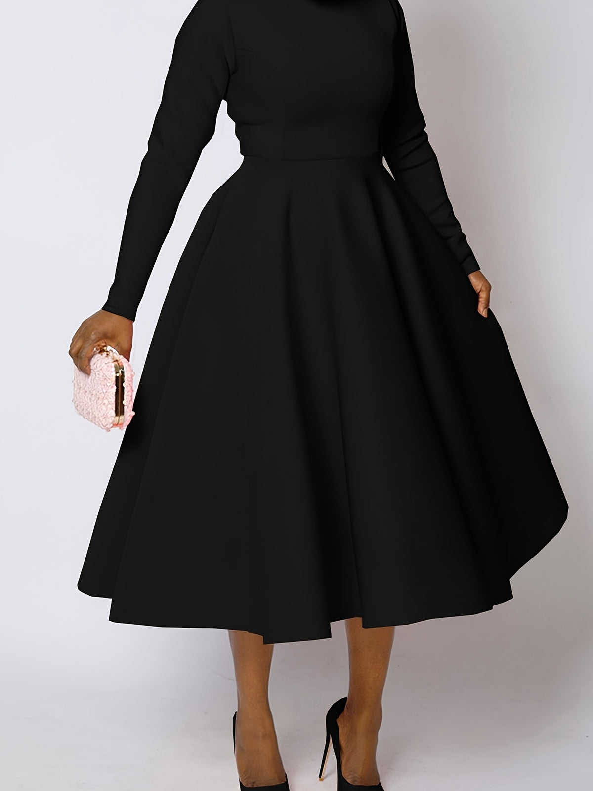 Plus Size - Plus Size, Women'S Elegant Long Sleeve A-Line Maxi Dress - Solid Emerald Green Round Neck Puff Sleeve Formal & Semi-Formal Winter Dress with Structured Waist, Floor-Length Flowing Skirt for Autumn/Winter, Casual t