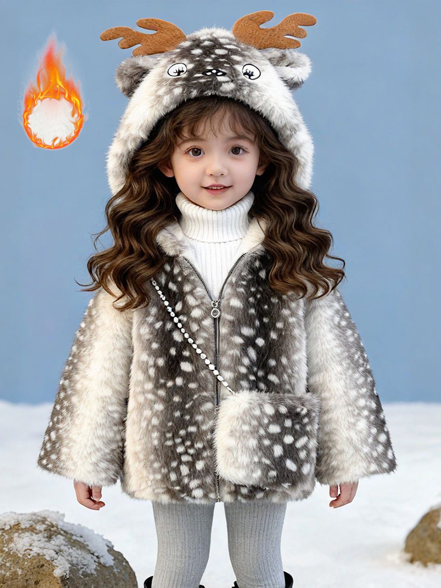 2pcs 'inter Coat & Bag Set with Antler Hat - Thickened Fleece Jacket, Hooded Collar & Plush Lining, Soft Shell, Cozy Warm Outfit for Christmas, New Year'S & Everyday Winter Wear - Stylish Holiday Gift (Solid Color, Easy-Care)