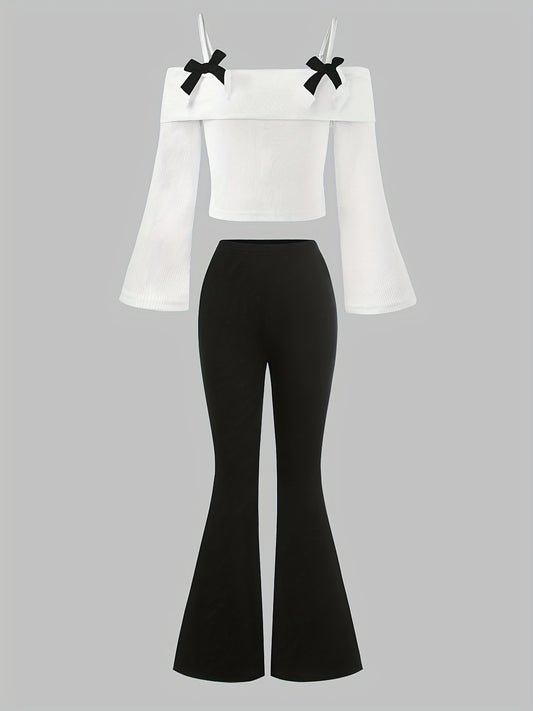 2pcs Girls' Off-Shoulder/One-Shoulder Top & High-Waisted Flared Bell-Bottom Pants Set - Elegant Casual Winter Outfit with Bow Accent, White & Black Stretchy Fabric, Machine Washable 2pcs Ensemble for Teen Girls (Fall/Winter),