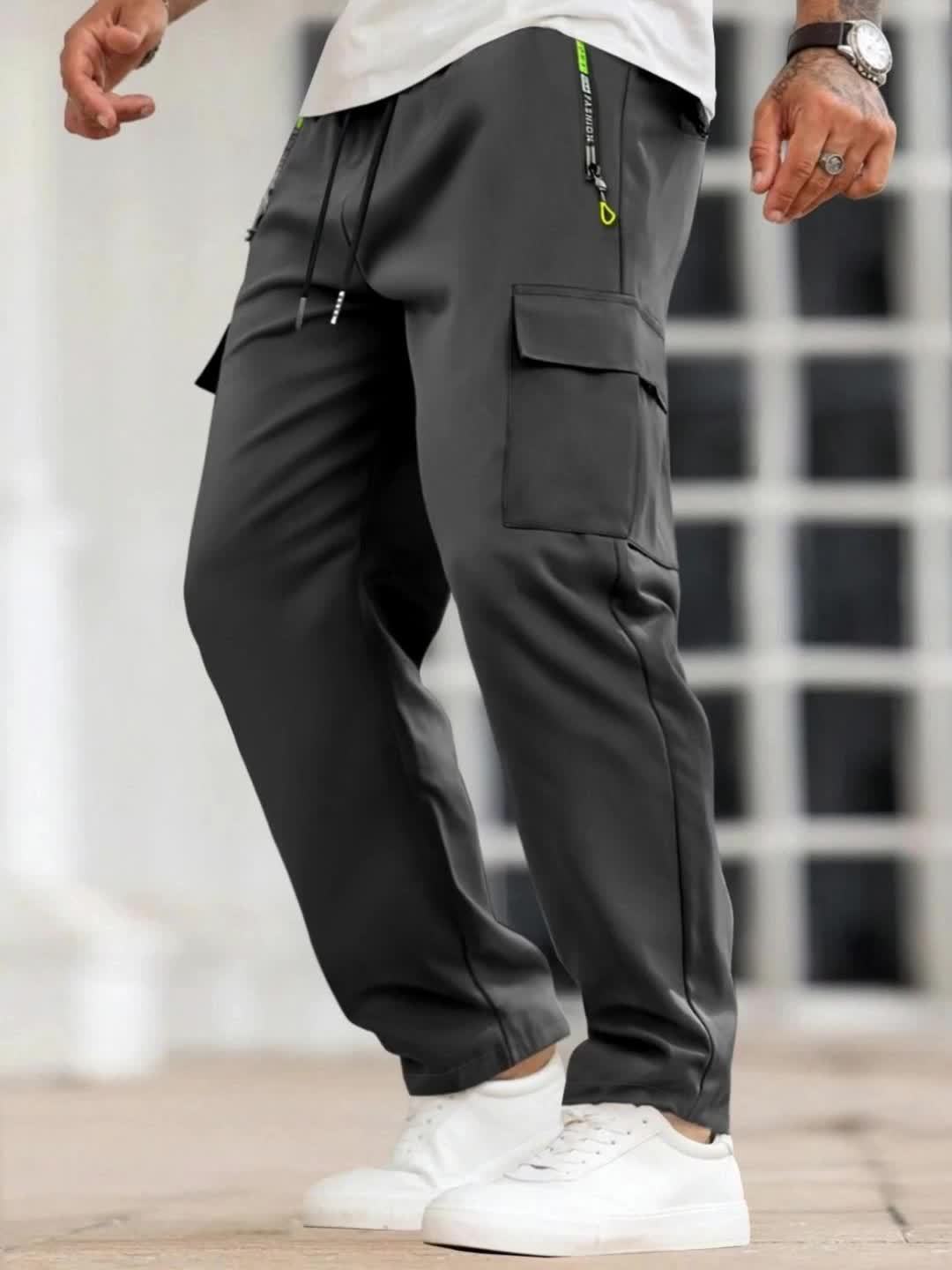 [3pcs Men's Cargo Pants] 3pcs Lightweight Men's Cargo Pants | Drawstring Elastic Waist, Multiple Zipper Pockets & Large Side Pockets | Breathable Regular Fit Casual Outdoor Pants for Spring/Fall (Black/Grey)