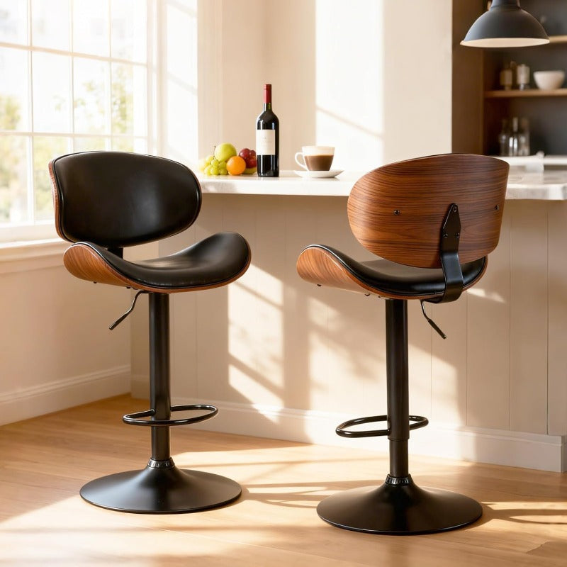 Bar Stool Set (2-Piece/4-Piece/6-Piece), Adjustable Bar Height, PU Leather-Covered Seat, Ergonomic Backrest and Footrest, Non-Slip Rubber Base, Suitable for Bars and Home Kitchen Islands, Black