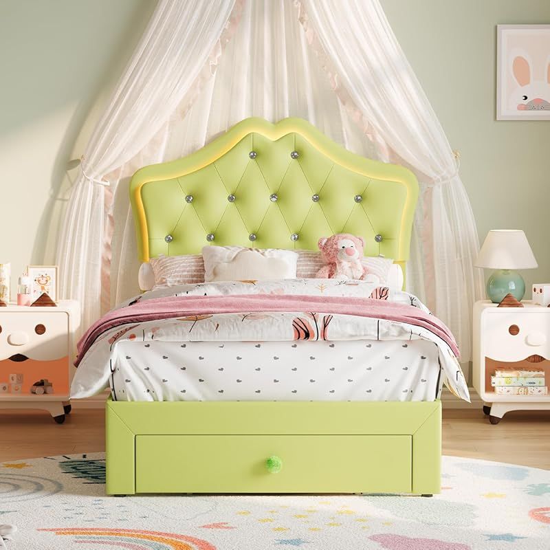 Twin-Size Single Bed Frame with Headboard & Storage Drawers - Modern Platform Bed with Upholstered Headboard, Easy Assembly, No Springs Needed