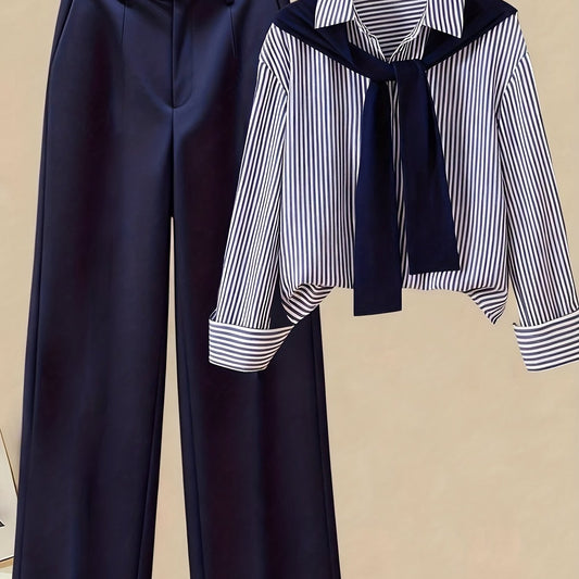 [Striped Shirt & Pants] Gavin 2pcs/Set Women's Striped Shirt & High-Waisted Pants | Shawl Collar | Spring/Autumn