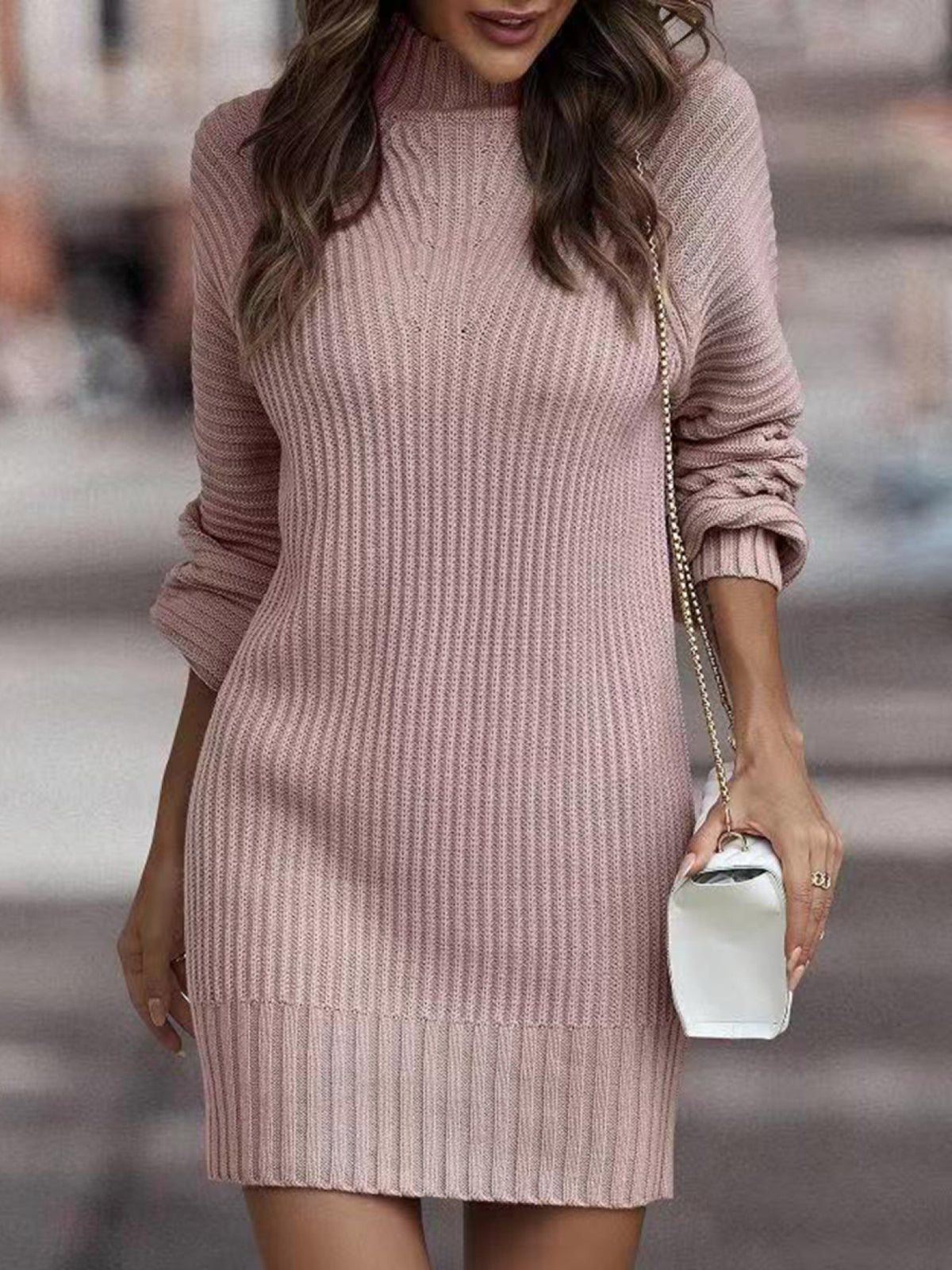 Women'S Elegant High Neck Sweater Dress - Long Sleeve Solid Color Mid-Length Dress with Belt, All-Season Casual to Semi-Formal Wear, Soft Warm Fabric for Office, Semi-Formal & Everyday Outfits - Easy Care & Versatile Style (N