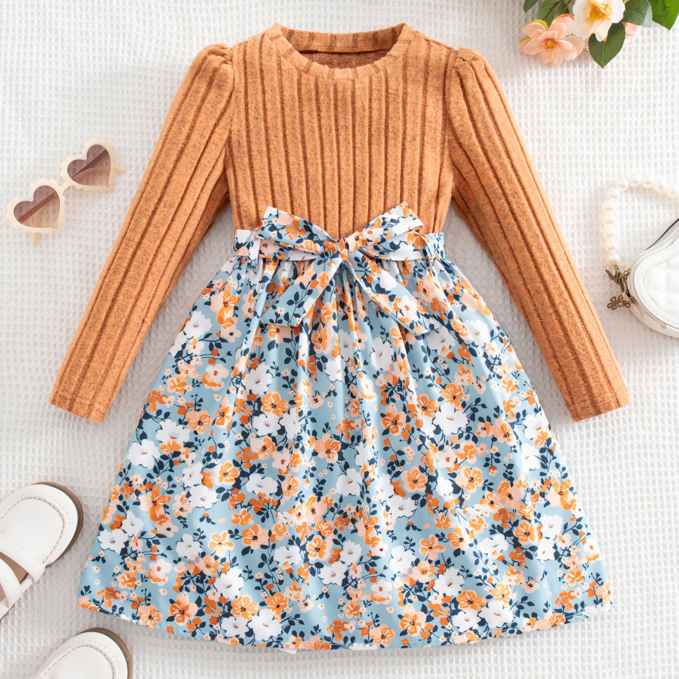 Girls' Long Sleeve Floral Print A-Line Dress with Belt - Pastoral Style Knit Patchwork Skirt, Round Neck Winter Warmth, Machine Washable Cozy Dress for Parties, Everyday & Vacation | Spring/Fall/Winter Outfits with Ruffled He