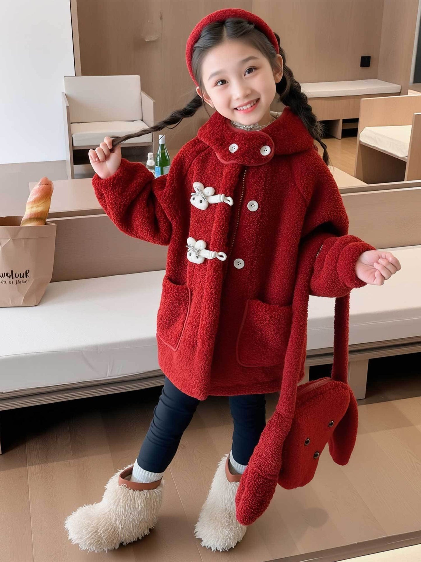 Girls' Luxury Plush Hooded Winter Coat - Thickened Warm Fleece-Like Insulation, Soft Loose-Fit Long Sleeve Jacket with Front Button Closure & Hood, Cozy Casual Outerwear for & Young Girls ( to Early Childhood) - Versatile for