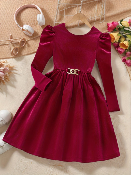 Girls' Burgundy Winter Party Dress with Keyhole Back & Bow Detail - Long Sleeve A-Line Ruffled Hem Dress, Golden Buckle Belt-Like Closure, Machine Washable Red Formal Gown for Christmas, Weddings, Prom (Pre-Teen Girls)