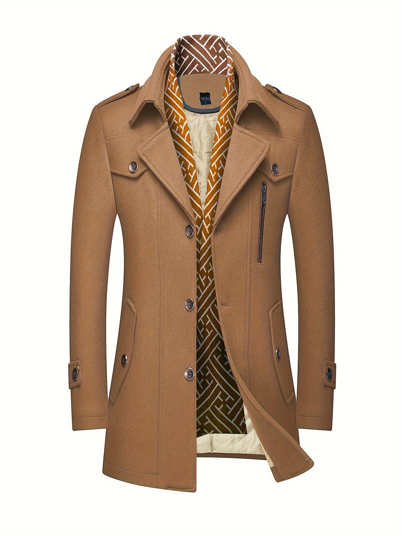 Men's Wool Blend Winter Coat with Detachable Scarf/Collars - Single-Breasted Trench Coat, Pocket & Durable - Warm Pea Jacket for Cold Weather, Casual & Formal Outfits (Hand Wash/Dry Clean)