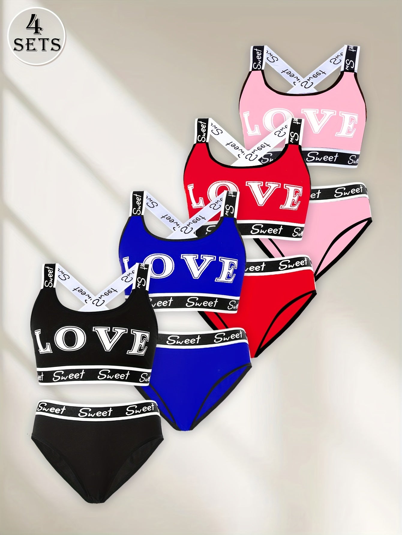 [Monogrammed Bra Set] 4 Sets Women's Monogrammed Bra Set | Fashion LOVE Pattern, Contrast Trim, Quick-Drying Ice Silky Fabric - Comfortable & Breathable for Swimming, Gym, Yoga