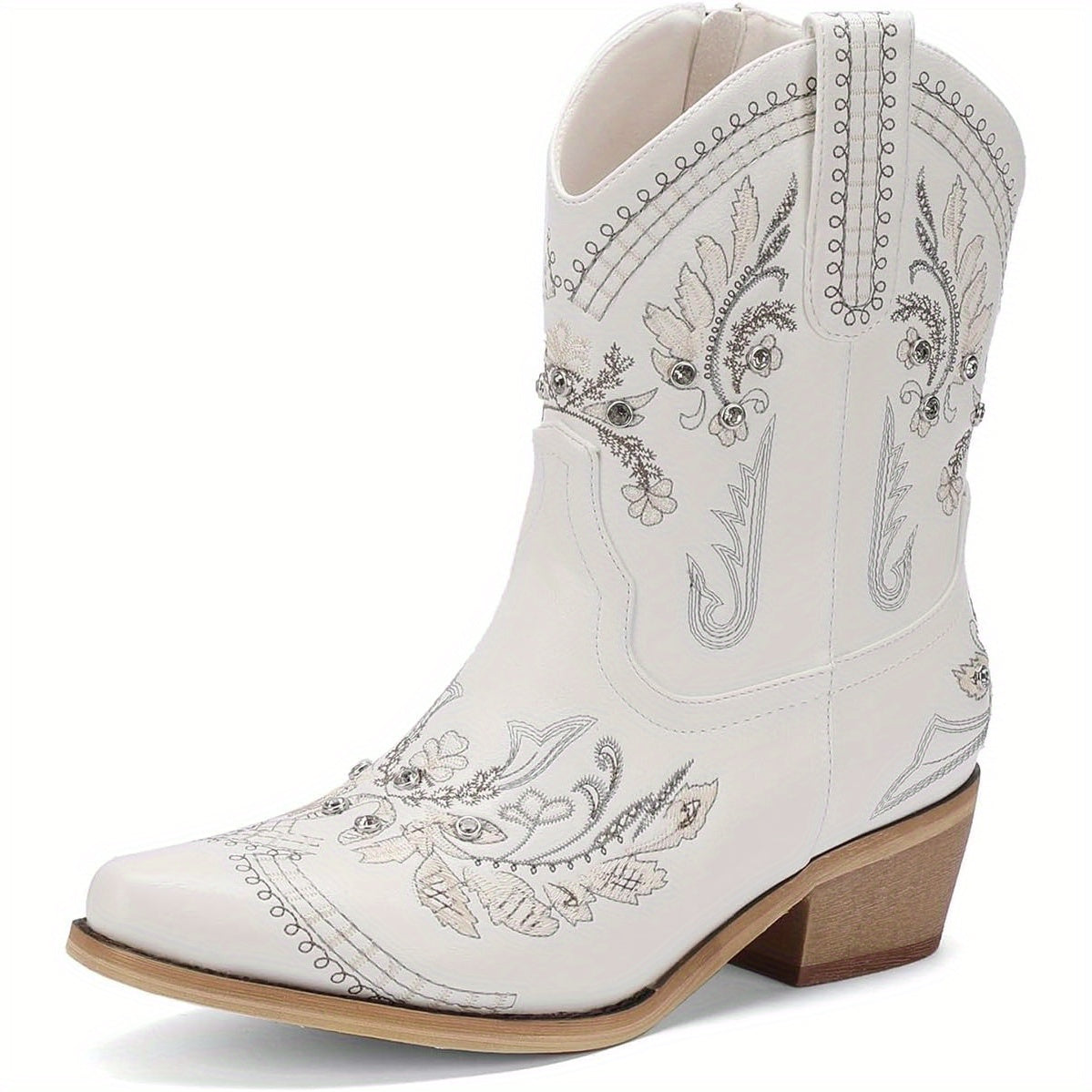 Women's White Embroidered Ankle Cowboy Boots with Rhinestone Accents, Chunky Low Heel, Pointed Toe - Elegant Western Booties for Prom, Party, Wedding | Comfortable Pull-On Style, Prom Footwear | Decorative Cowgirl Boots | Dur