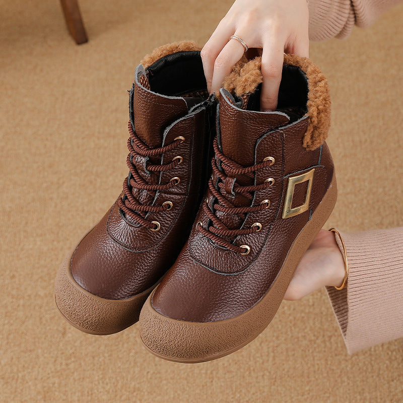 Women'S Genuine Leather Ankle Boots with Thick Mid-Heel & Zipper Closure - Round Toe Retro Winter Boots with Plush Collar, Full-Grain Upper & Rubber Sole, Hand Washable Brown Boots for Autumn Winter, Casual & Semi-Formal Outf