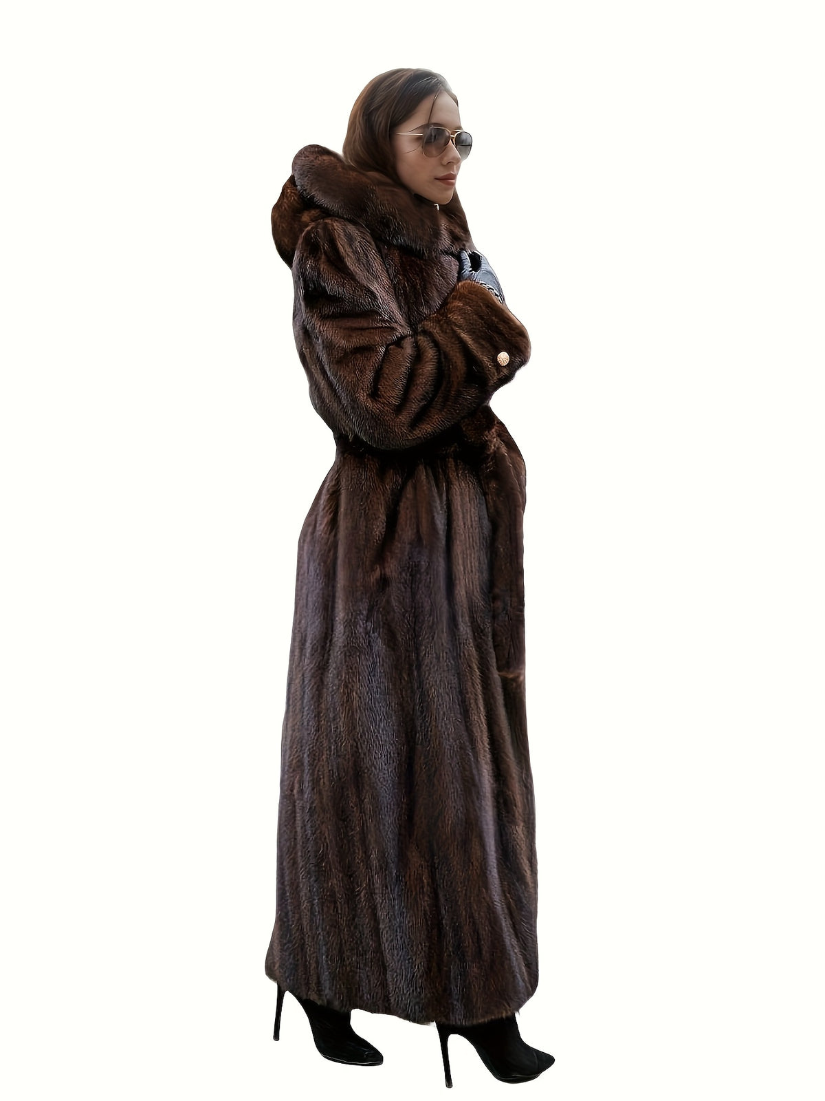 Elegant Women'S Faux Fur Coat - Fashionable & Casual Long-Sleeved Hooded Faux Mink Coat In Coffee Brown, Featuring Single Breasted Closure, Removable Belt, Regular Sleeves, Minimalist, Elegant, Stylish & Personalized, Suitabl