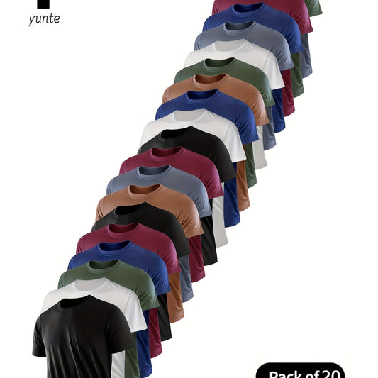 20pcs Black-White-Army-Green-Tan Red-Black-Card-Gray-Red-Black-White-Tan-Card-Army-White-Gray-Tan-Red-Army Mixed Color, Ultra-Light Men's Crew Neck T-Shirt - Quick-Drying, Breathable, Sweat-Wicking Shirt, Suitable for Fitness