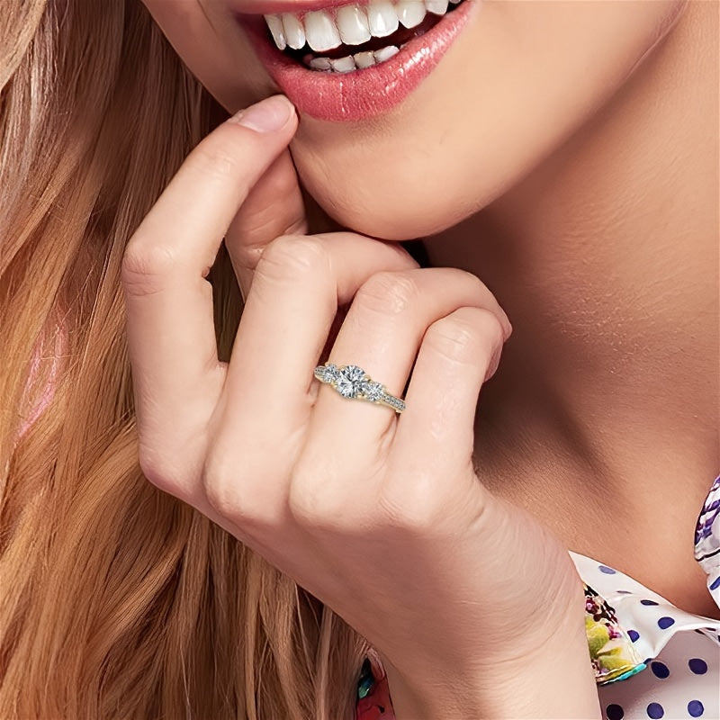 1pc Elegant 3-Stone Moissanite Engagement Ring for Women, 14K Golden Plated 925 Silver, Round Synthetic Stones, 4-Prong Setting, Ideal for Wedding & Valentine'S Day Gift