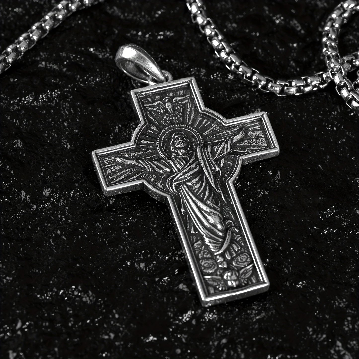Jesus Cross 925 Silvery necklace, Men's fashionable retro pendant necklace accessory, Men's daily casual amulet fashionable jewelry gift, Christmas gift, Casual Wear, Men's Jewelry, Retro Necklace, Vintage Pendant, Highqualit
