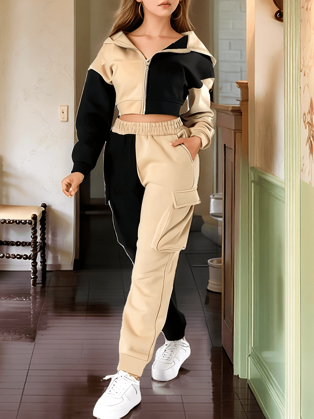 Spring and Autumn Girls' New Fashion Set: Stylish, Simple, Casual, and Elegant Design with Zipper Details, Versatile Hooded Contrast Long-Sleeve Top + Matching Contrast Casual Pants, Perfect for Outings, Vacations, Travel, an