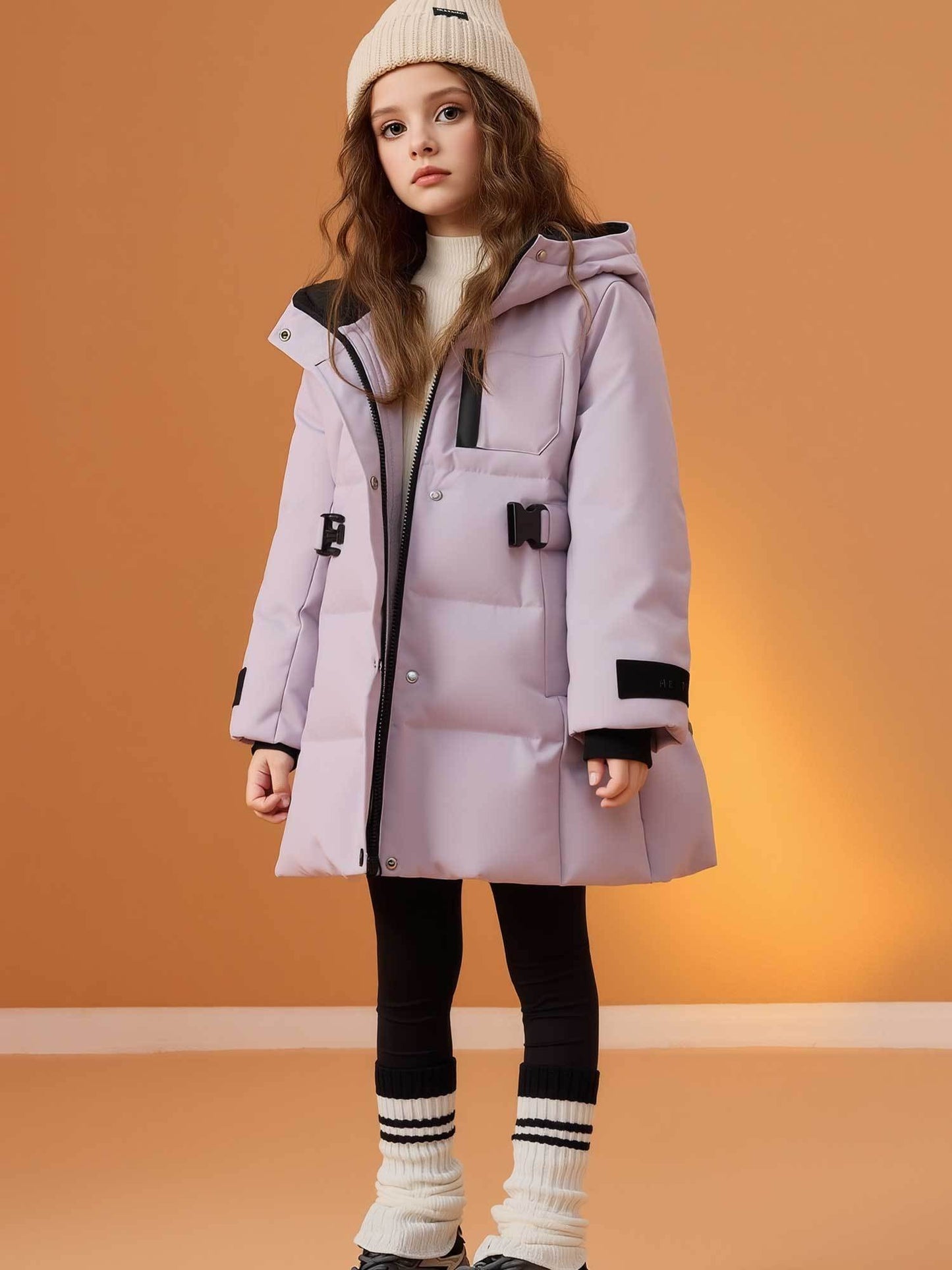 Girls' Thickened Winter Coat with Hood & Belt - Mid-Length Warm Jacket, Loose Fit Full-Zip Outerwear, Soft Pastel Purple, Insulation for Skiing, Winter Jacket For Girl, Winter Coat For Girl, Girl Winter Jacket, Girl Winter Co