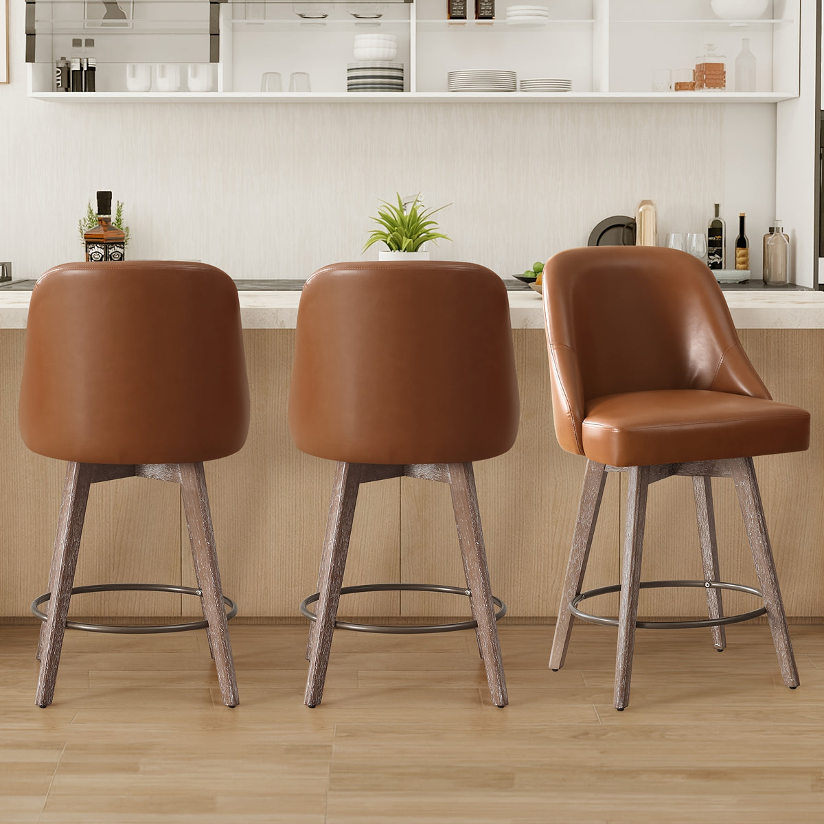 Modern Mid-Century Swivel Counter Height Bar Stools, Set of 3 with Backs, Linen Fabric Upholstered & Sturdy Wood Legs, 360° Swivel Base, 26" Seat Height, Easy Assembly, for Home Bar Dining or Modern Kitchen, Durable H
