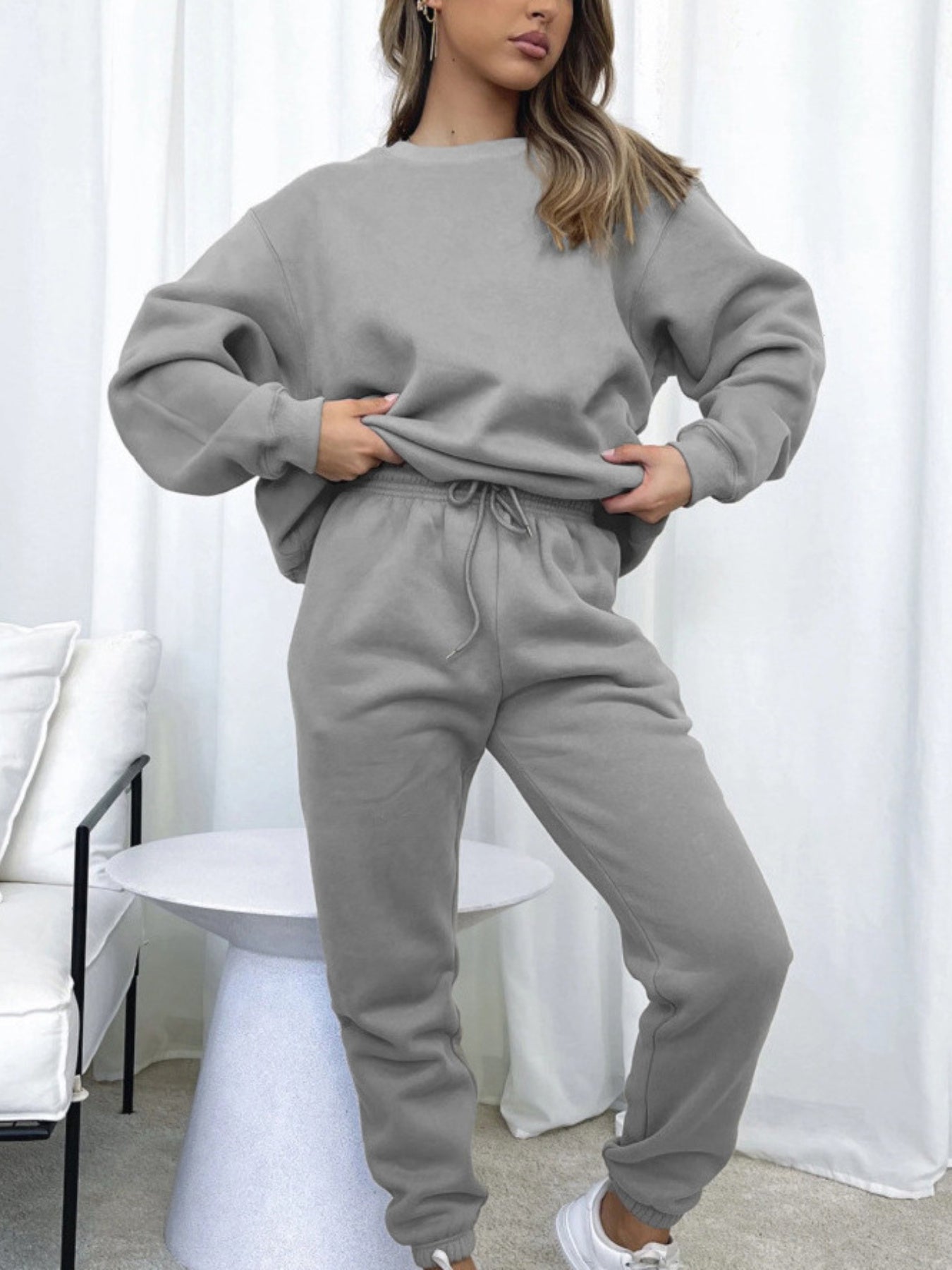 Solid Color Sweatshirt Set- Women's Round Neck Long Sleeve& Pants