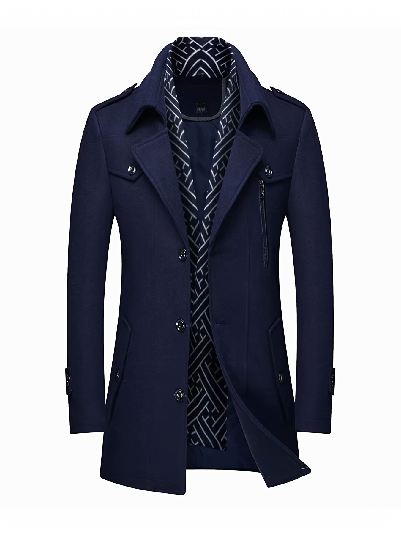 Men's Wool Blend Winter Coat with Detachable Scarf/Collars - Single-Breasted Trench Coat, Pocket & Durable - Warm Pea Jacket for Cold Weather, Casual & Formal Outfits (Hand Wash/Dry Clean)