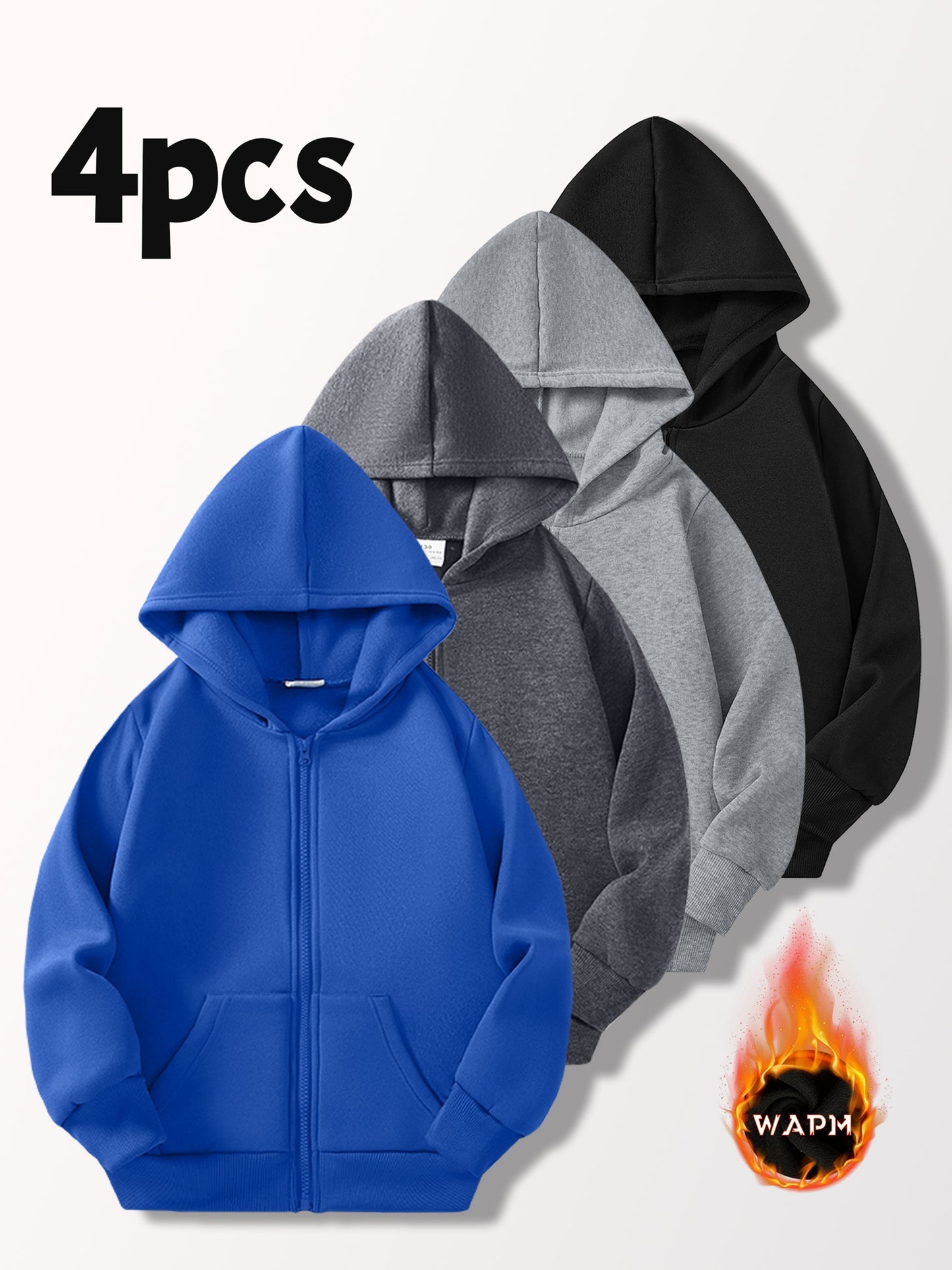 [4pcs Boys' Cardigan Jackets] 4pcs Boys' Light-Lined Zip-Up Hooded Cardigan Jackets | Multi-Color & Solid Color | Autumn & Spring, Stylish & Versatile for Outdoor Jogging
