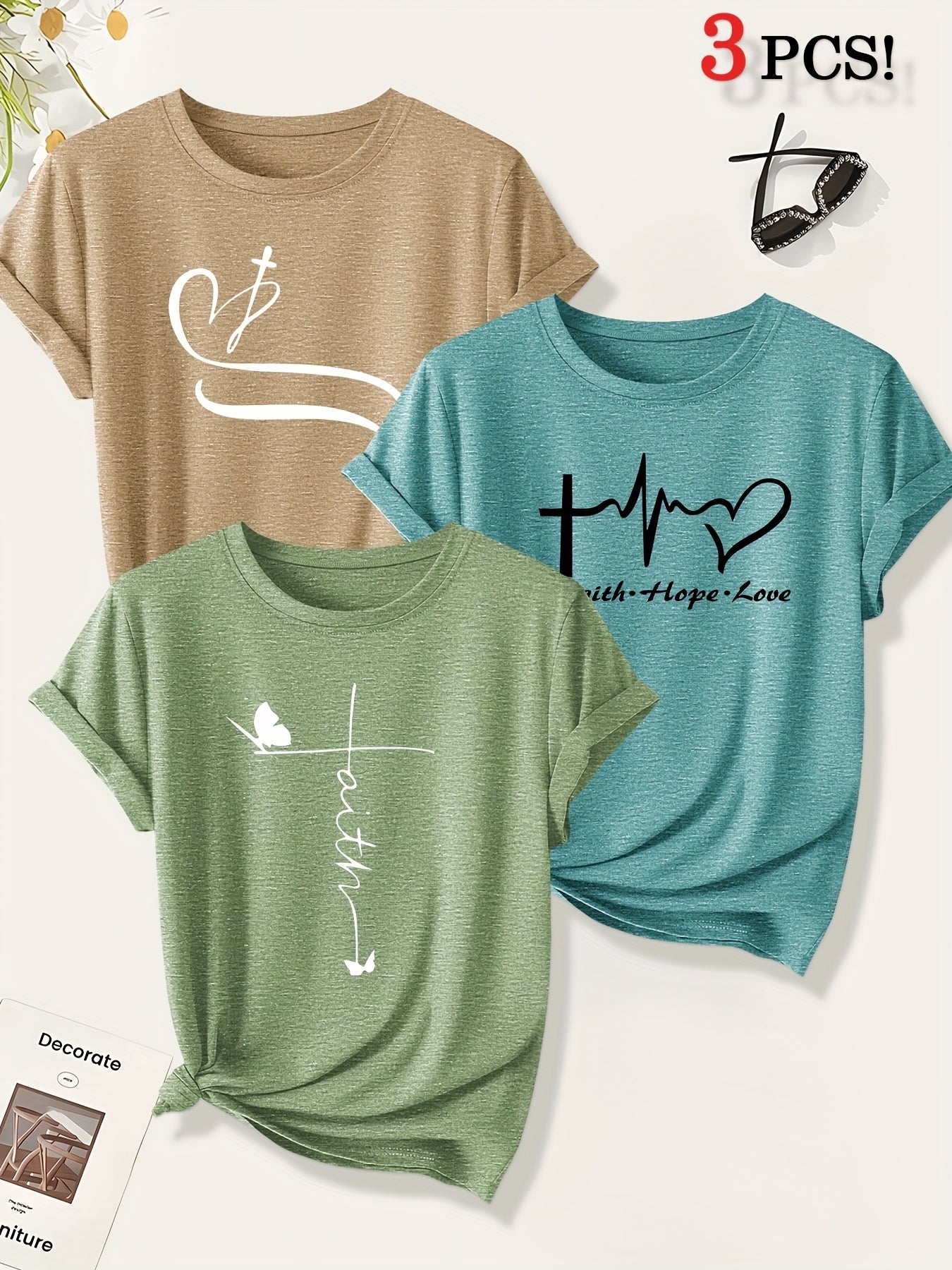 [Christian Cross T-Shirts] A Set of Three Women's Christian Cross Pattern Short-Sleeve T-Shirts Featuring Crosses, Hearts, And Butterfly Prints, Perfect for Casual Summer Wear. Stylish, Elegant, And Versatile, Available in Mu