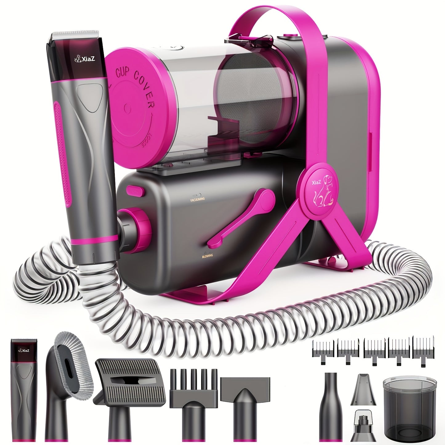 Dog Grooming Kit 10pcs, Red/Purple All-in-One Blow/Suction/Trimming Pet Grooming Tools, Hair Clipper, Vacuum Cleaner, Powerful Hair Dryer, Power Adjustable, Easy to Remove Hair, More Suitable for Pet Cats And Dog Use