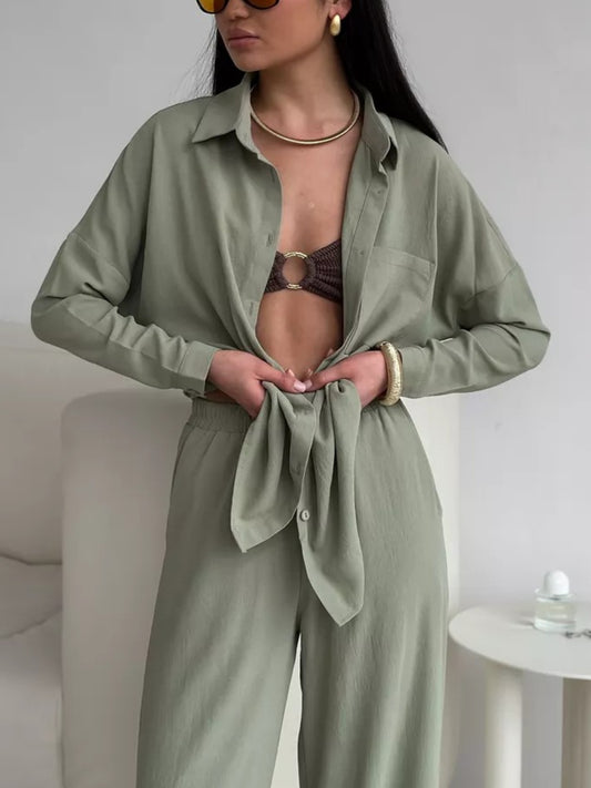 Women'S Elegant Two-Piece Outfit Set - Long Sleeve Cardigan & Wide Leg Pants, Soft Chic Pantsuit for Fall/Winter, Office, Semi-Formal Events - Women'S Clothing Ensemble