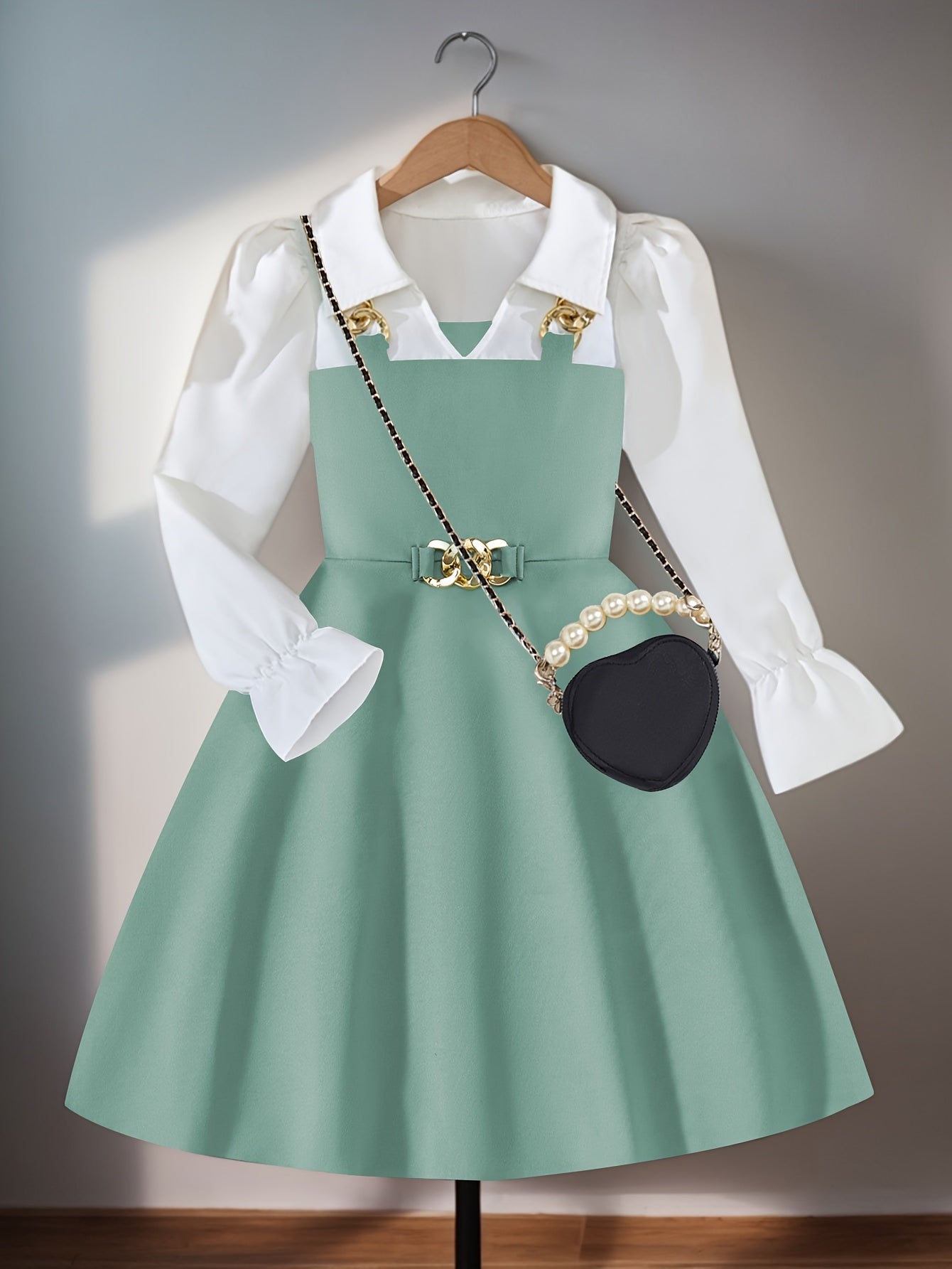 Girls' Elegant Long Sleeve Dress, Golden Chain Collar & Bell Skirt A-Line Party & Everyday Dress, Machine Washable Durable Fabric, Sturdy Construction Highquality Material, for School Christmas Birthday Outfits Holiday Outfit