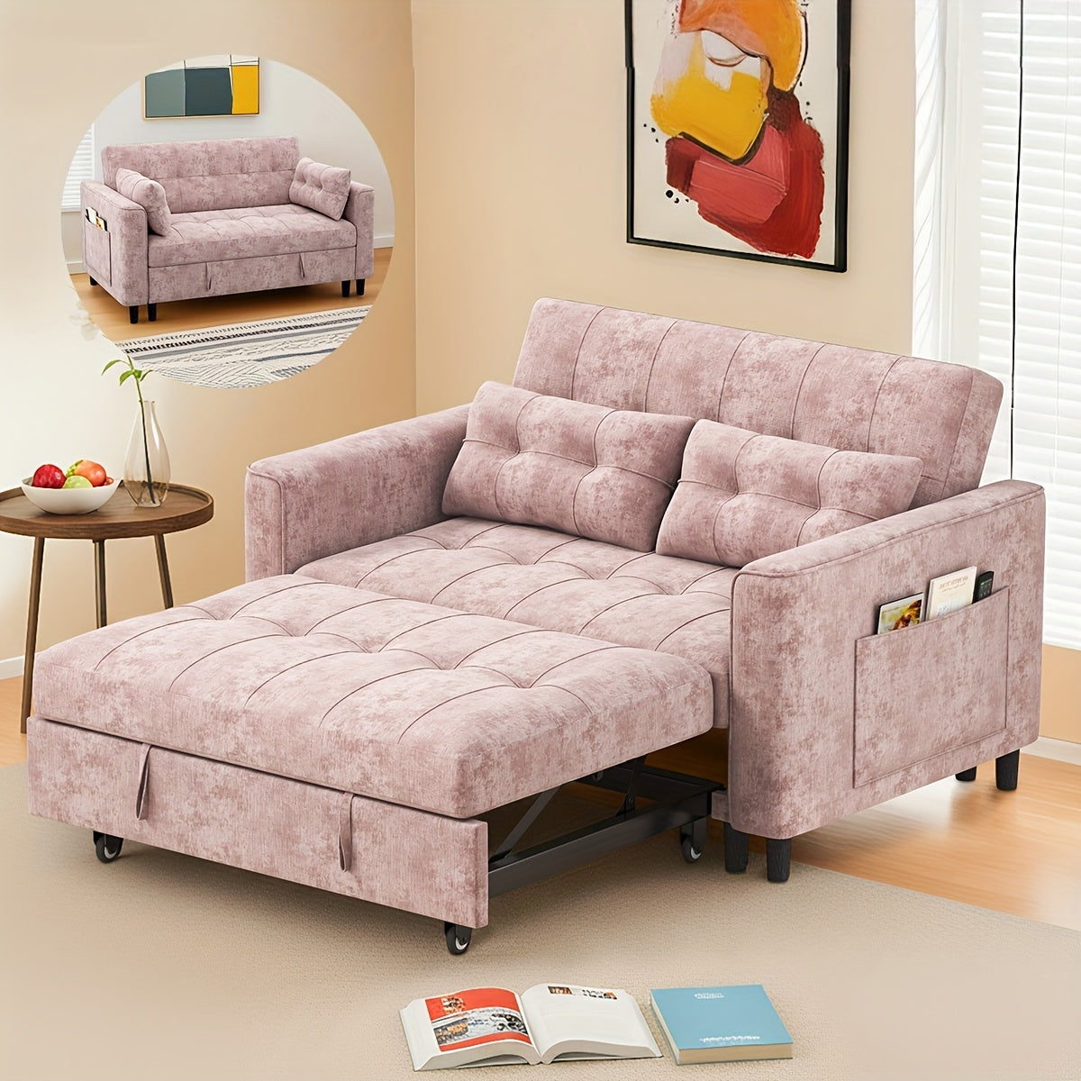 Convertible 3-in-1 Sofa Bed, Foldable Sleeper Chair with Pull-Out Design with Soft Chenille Fabric and Pull-Out Sleeper, Sturdy Wood Frame, Adjustable Backrest, Side Storage Pockets, Space-Saving Modern Sofa Bed for Living Ro