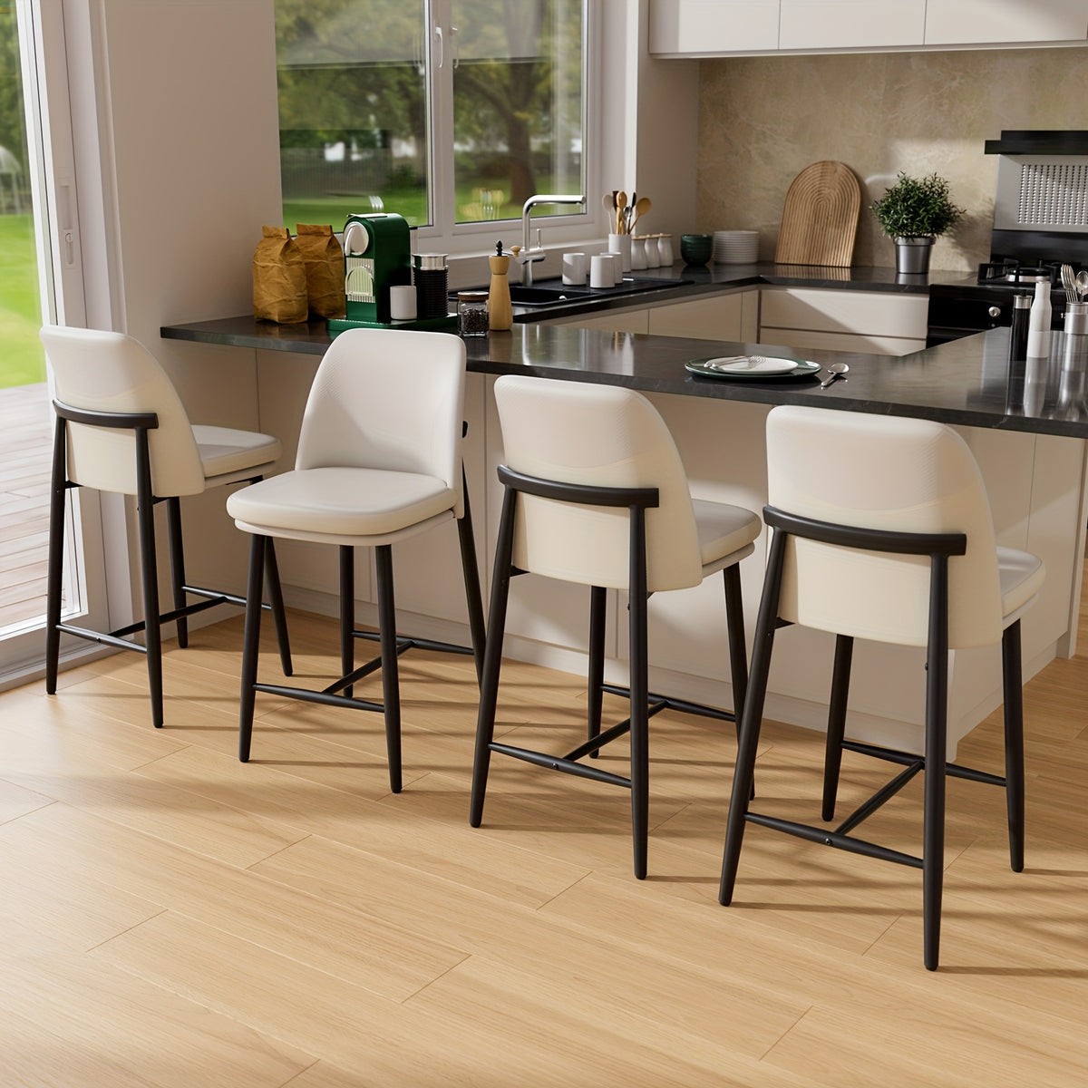 Set of 4 Modern Counter Height Bar Stools with Backrests - 26 Inch Faux Leather & Fabric Upholstered Seats, Sturdy Metal Legs & Cushioned Backs, Contemporary Square Design Kitchen Island & Dining Room Chairs, Easy-Clean Surfa