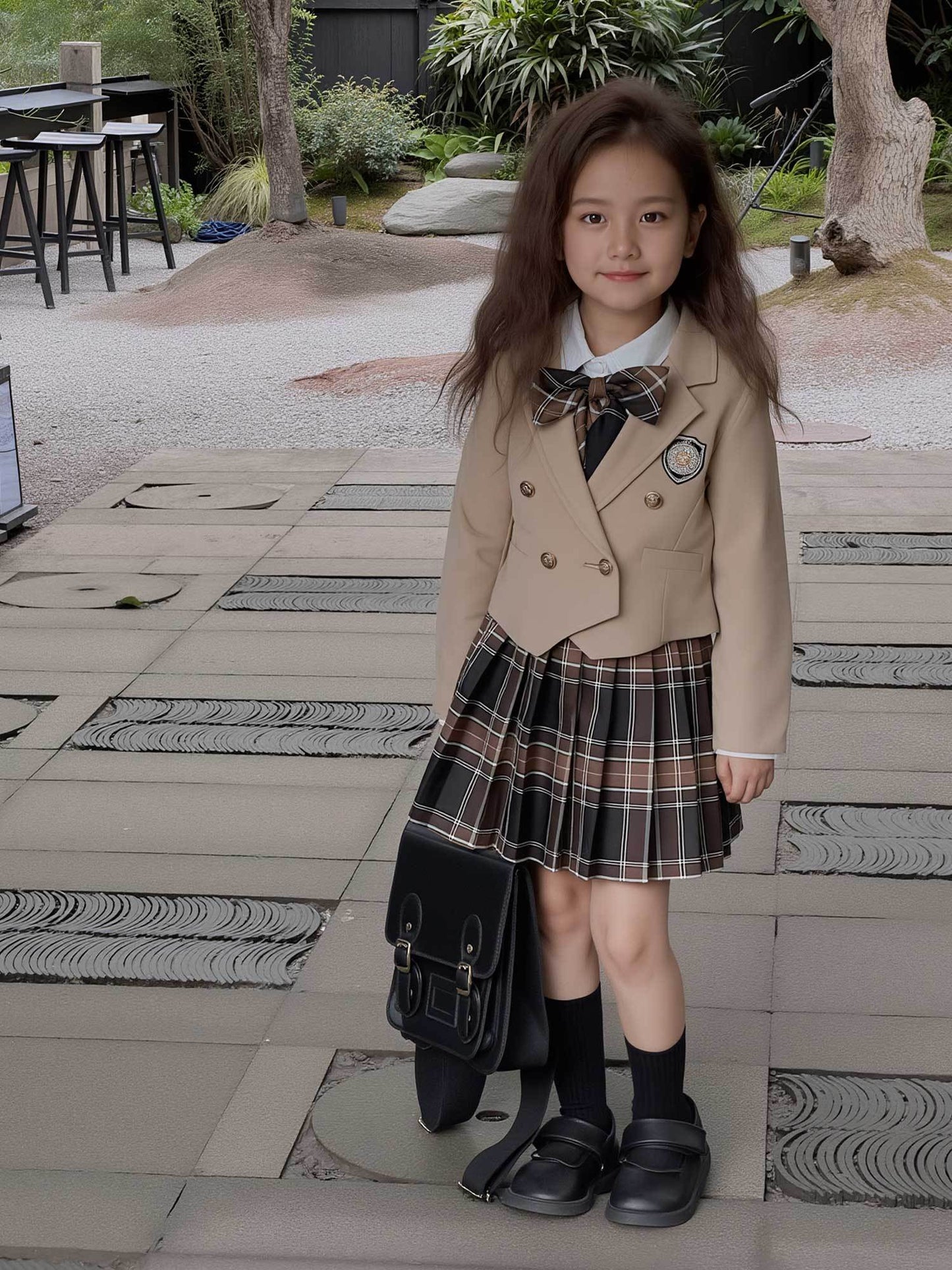 Girls' 3pcs Academy-Style Uniform Set - Khaki Double-Breasted Suit Jacket, Textured White Shirt & Plaid Pleated Skirt with Bow Tie | Structured Non-Stretch Fabric | Spring/Fall School Outfit, Themed Events & Casual Attire | C