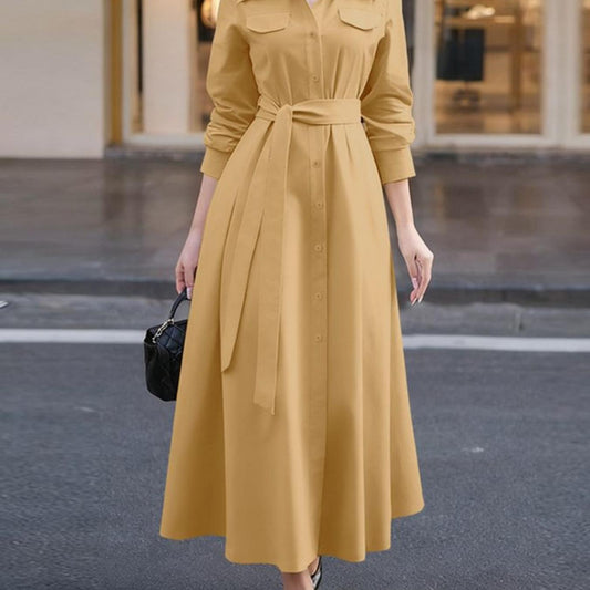 A Sophisticated Long-Sleeve Shirt Dress for Women Featuring a Lapel Collar, Single-Breasted Design, And a Tied Waist, Perfect for Casual Outdoor Commutes in an All-Matching Maxi Style