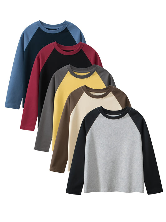 5pcs Boys' Casual Long Sleeve T-Shirts - Color-Block Raglan Sleeves, Solid Color Round Neck Tees for Spring & Fall, Soft Breathable Kids' Casual Attire (5 Colors: Blue, Black, Red, Yellow, Grey), Boy T Shirt, Fall Wardrobe Es
